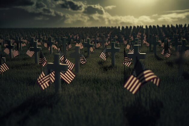 A cemetery with american flags on it