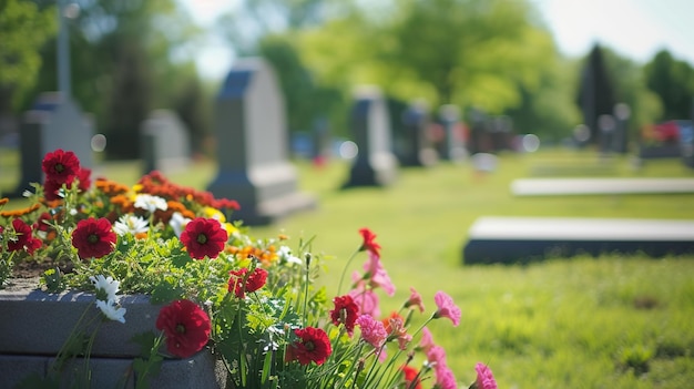 Photo a cemetery with a bunch of flowers in the grass