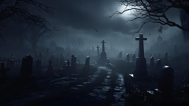 кладбище с крестами посреди ночи
