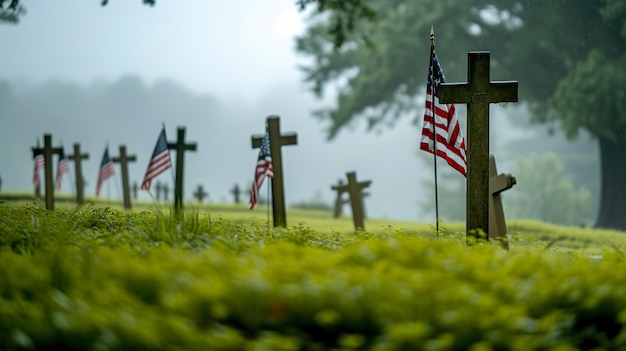 Foto un cimitero con una bandiera e qualche altra croce