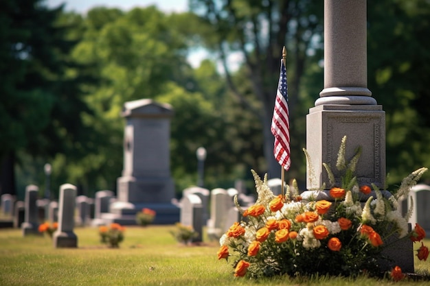 A cemetery with a flag in the foreground and a large stone pillar with a stone pillar with a flag in the foreground.