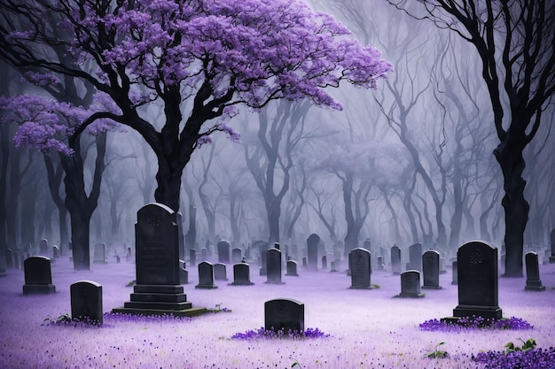 Cemetery with fog graves purple trees and purple leaves on the ground