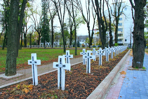 Cemetery with graves of Ukrainian soldiers fighting for independence of Ukraine in IvanoFrankivsk Crosses on graves of warriors Cemetery in city park