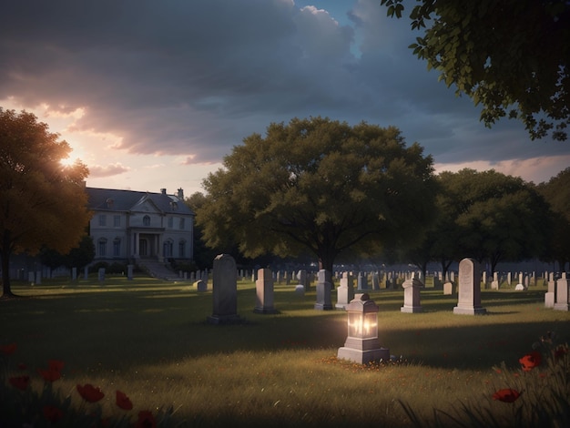 A cemetery with a light on the ground and a house in the background.