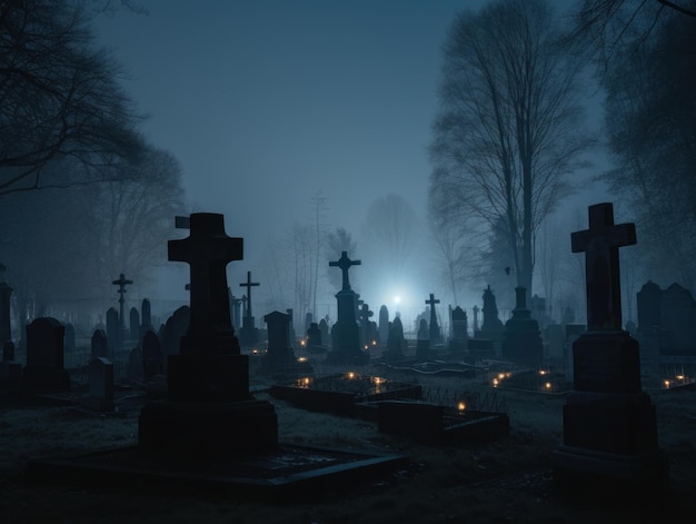 A cemetery with a lot of tombstones and candles Generative AI image