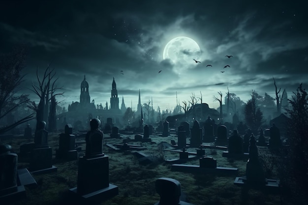 a cemetery with a lot of tombstones and a full moon