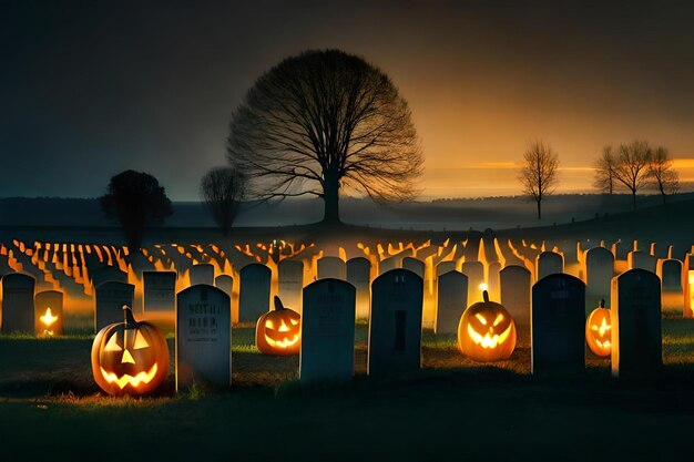 Photo a cemetery with a pumpkin on it and a tree in the background.