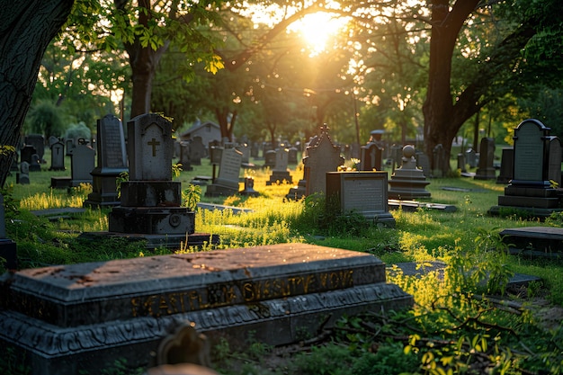 A cemetery with a sun shining through the trees and grass on the ground and on the ground there are