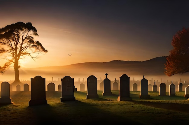 A cemetery with a sunset in the background