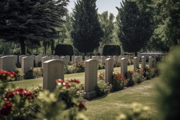 A cemetery with a tree in the background