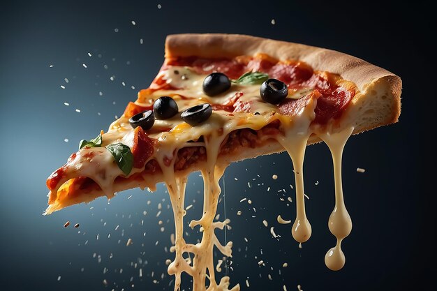Cenimatic shot of a delicious pizza slice flying on studio background