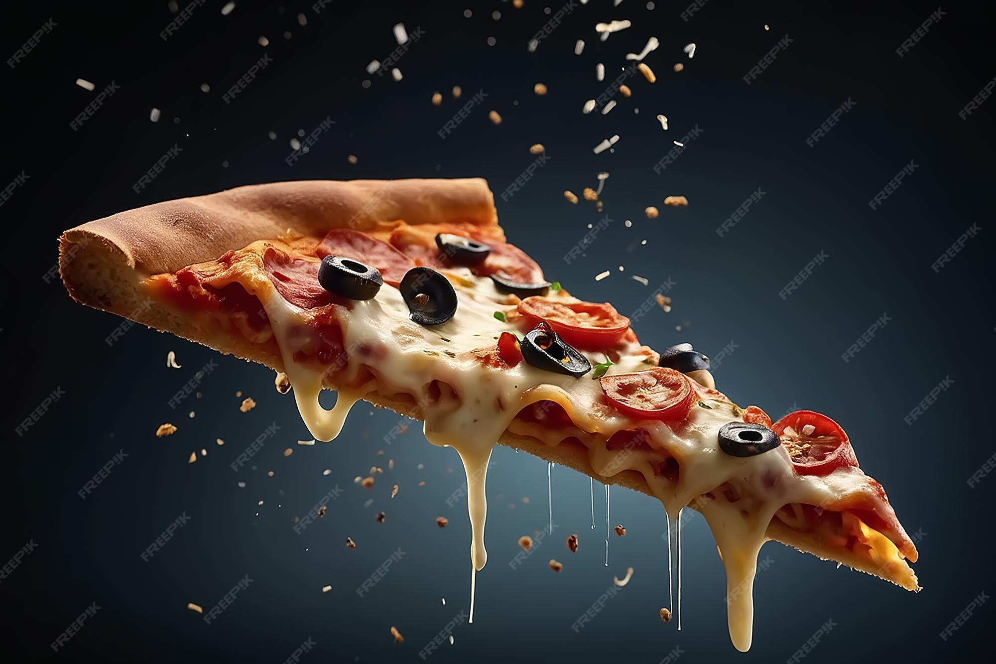 Premium Photo | Cenimatic shot of a delicious pizza slice flying on ...