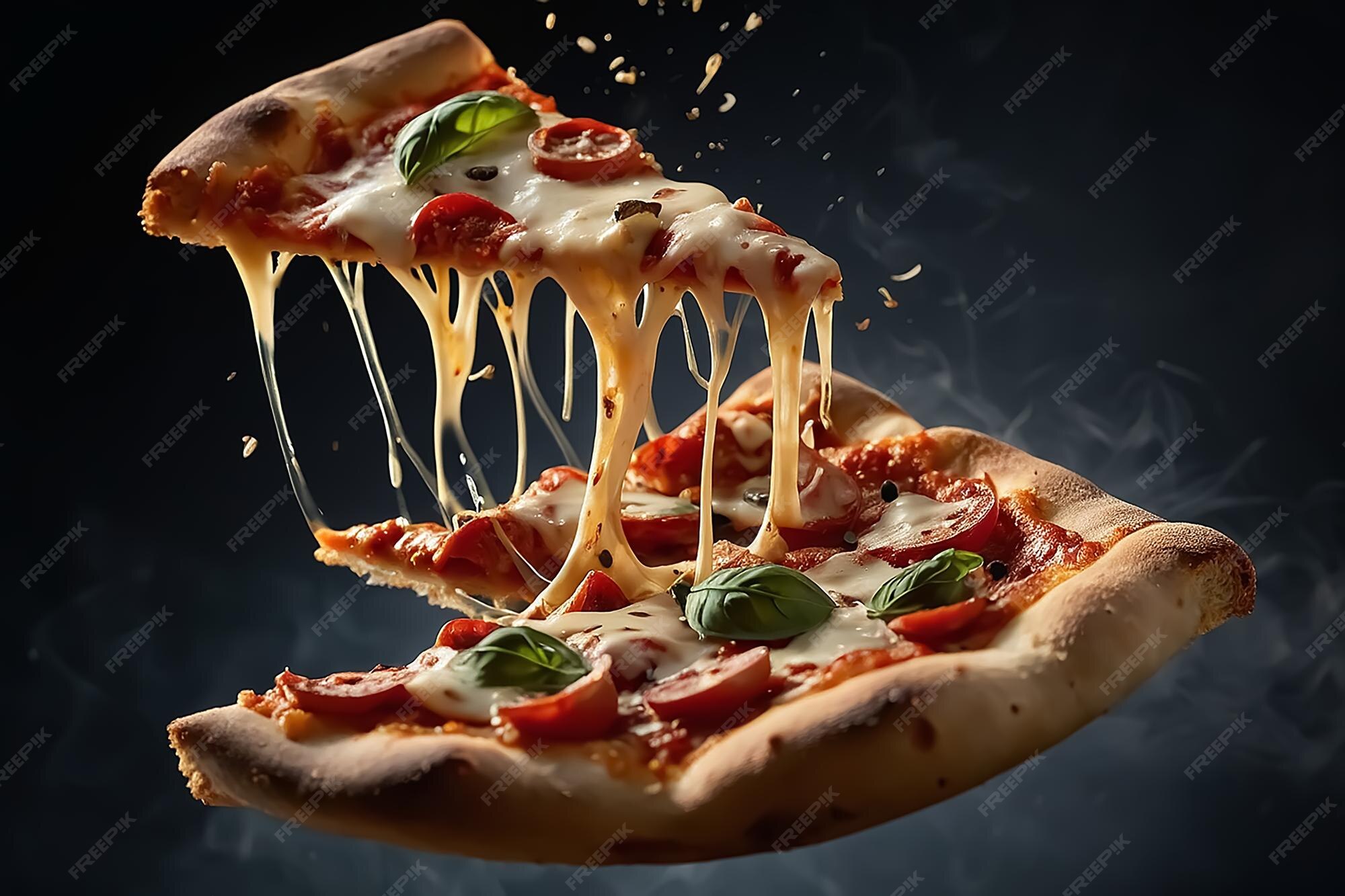 Premium Photo | Cenimatic shot of a delicious pizza slice flying on ...