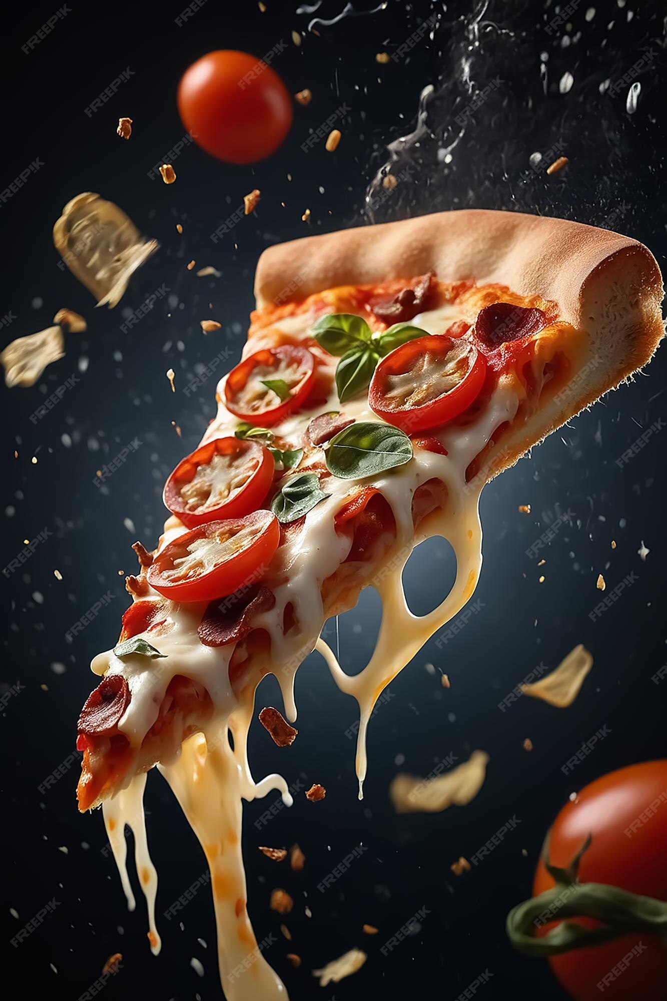 Premium Photo | Cenimatic shot of a delicious pizza slice flying on ...