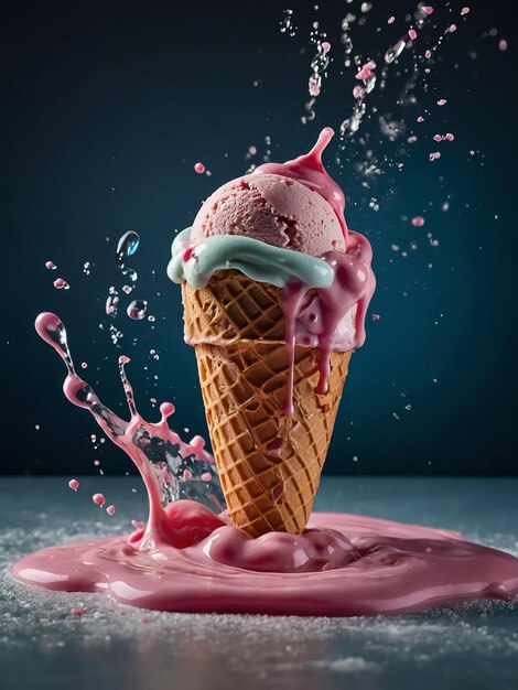 Cenimatic shot of a Ice cream with splashes floating in the air on a ...