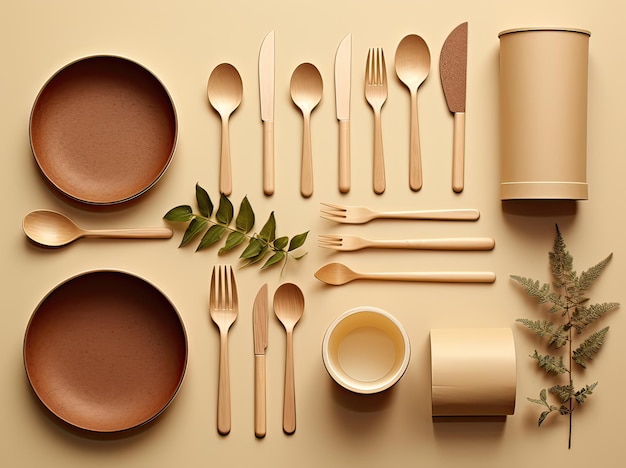 cenital view of still life with tableware made of bamboo reusable and biodegradable