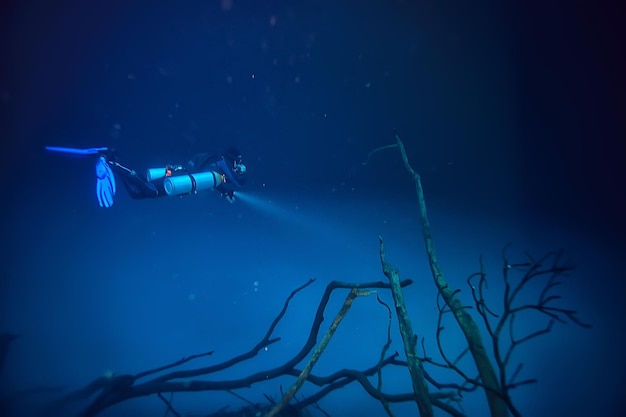 cenote angelita, mexico, cave diving, extreme adventure underwater, landscape under water fog