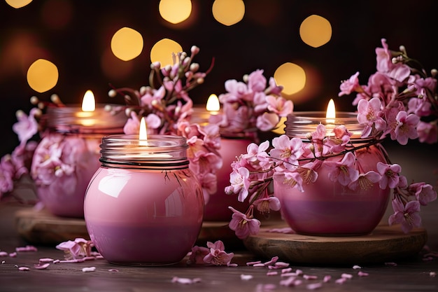 cented candles on the table in decorative style arranging for occasion with fresh flower