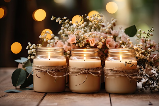 cented candles on the table in decorative style arranging for occasion with fresh flower