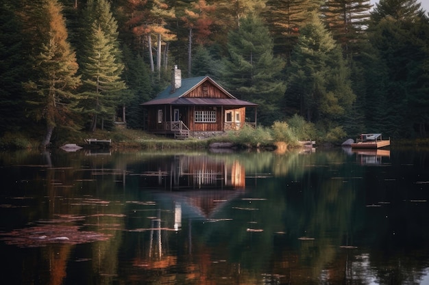 In the center of the lake a serene cabin is located Generative AI