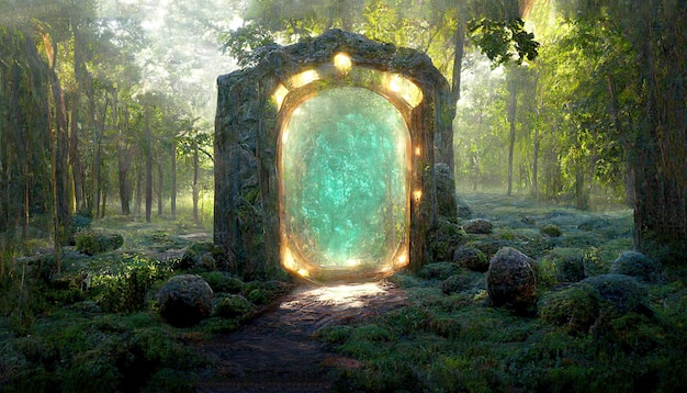 In the center of the rainforest is a portal to another dimension 3D illustration