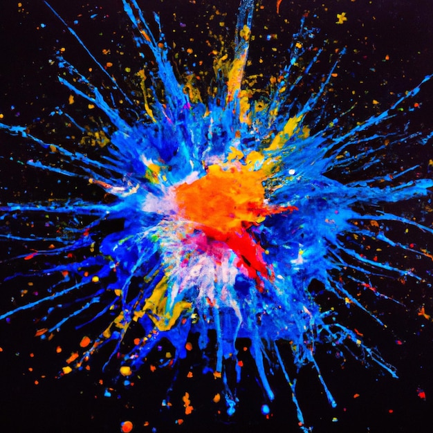 Photo a centered explosion of paint on a dark blue background