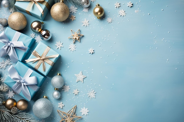 Centered Festive Composition Wrapped Gifts and Christmas Decorations on Light Blue Surface