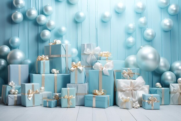 Centered festive composition wrapped gifts and christmas decorations on light blue surface