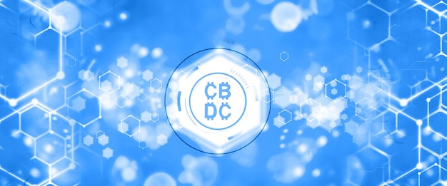 青い六角形の背景に中央銀行デジタル通貨 CBDC 暗号コイン