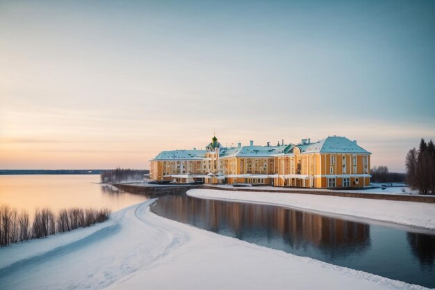 The central building of the great menshikovsky palace in the february day view from the upper park
