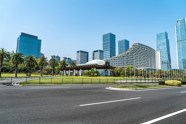 Central business district, roads and skyscrapers, Xiamen, China.