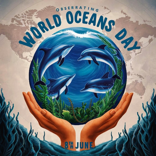 A central circular illustration that resembles a globe with an ocean scene inside it Oceans Day
