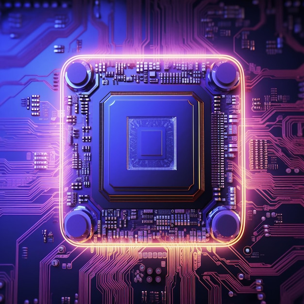 Central computer processor with neon lights integrated microchip circuit board for server