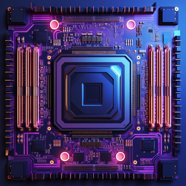 Photo central computer processor with neon lights integrated microchip circuit board for server