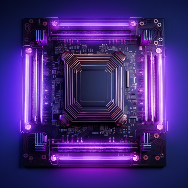 Central computer processor with neon lights integrated microchip circuit board for server