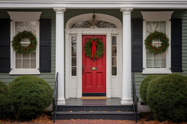 Central door on a colonial house adorned with a wreath