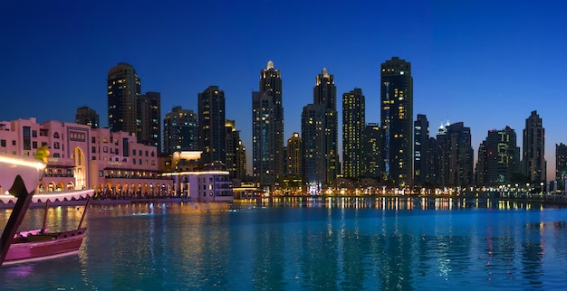 Central dubai skyscrapers at night