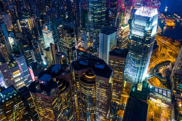 Central, Hong Kong 29 April 2019: Top view of Compact city of Hong Kong at night