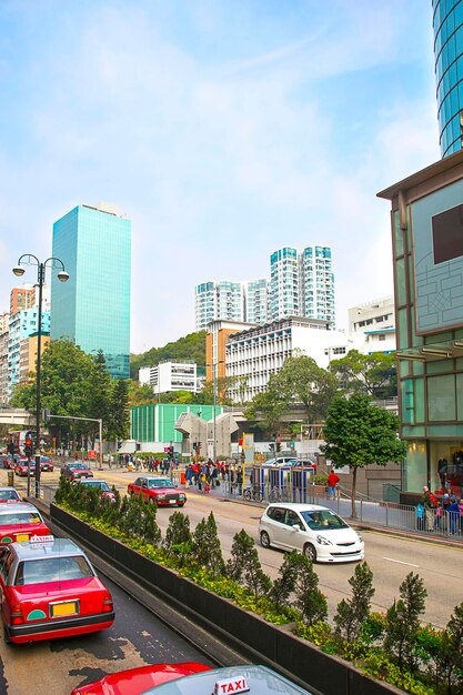 Central Hong Kong highway street traffic with cars and skyline view