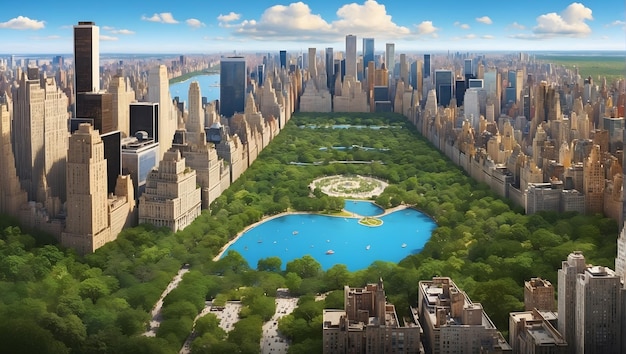 Central Park New York City luchtbeeld levendige kleuren weelderige groen iconische bezienswaardigheden levendige een