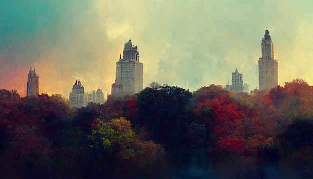 Central park new york lake bomen buldings sky cloud