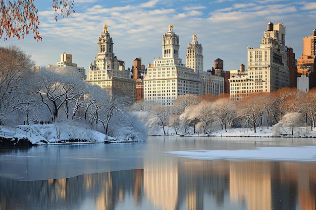 Central park winter with skyscrapers and bridge in midtown manhattan new york city