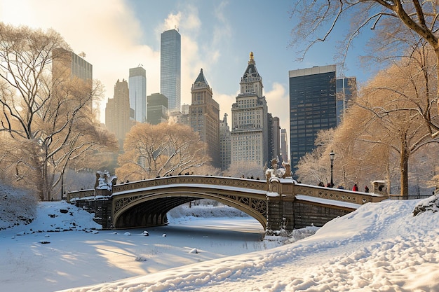 Photo central park winter with skyscrapers and bridge in midtown manhattan new york city