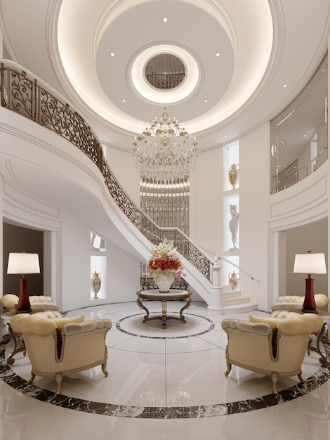 The central round foyer in the interior is classic in style with a spiral staircase