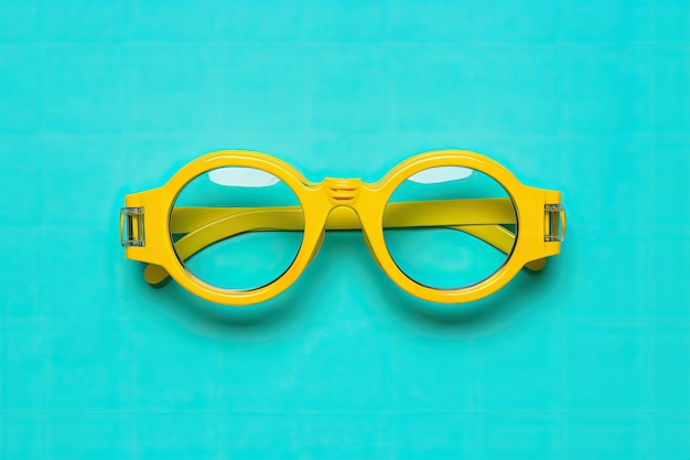 Центрально составленная минималистская фотография демонстрирует желтые защитные очки для плавания, размещенные на бирюзово-синем b