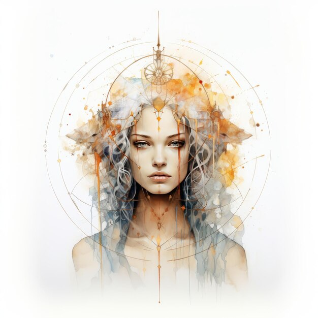 Centred Serenity Geometric Watercolour Portrait of Sagittarius by Carne Griffiths