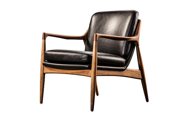 Century modern wood chair and black leather seating