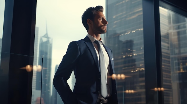 CEO leader in a modern office building standing next to a window