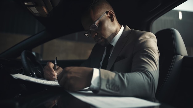CEO Male AfricanAmerican Mature Reviewing and signing legal documents in a parked car Generative AI AIG22