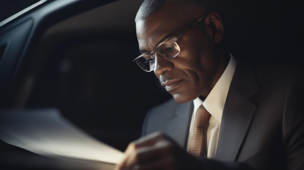 CEO Male AfricanAmerican Mature Reviewing and signing legal documents in a parked car Generative AI AIG22